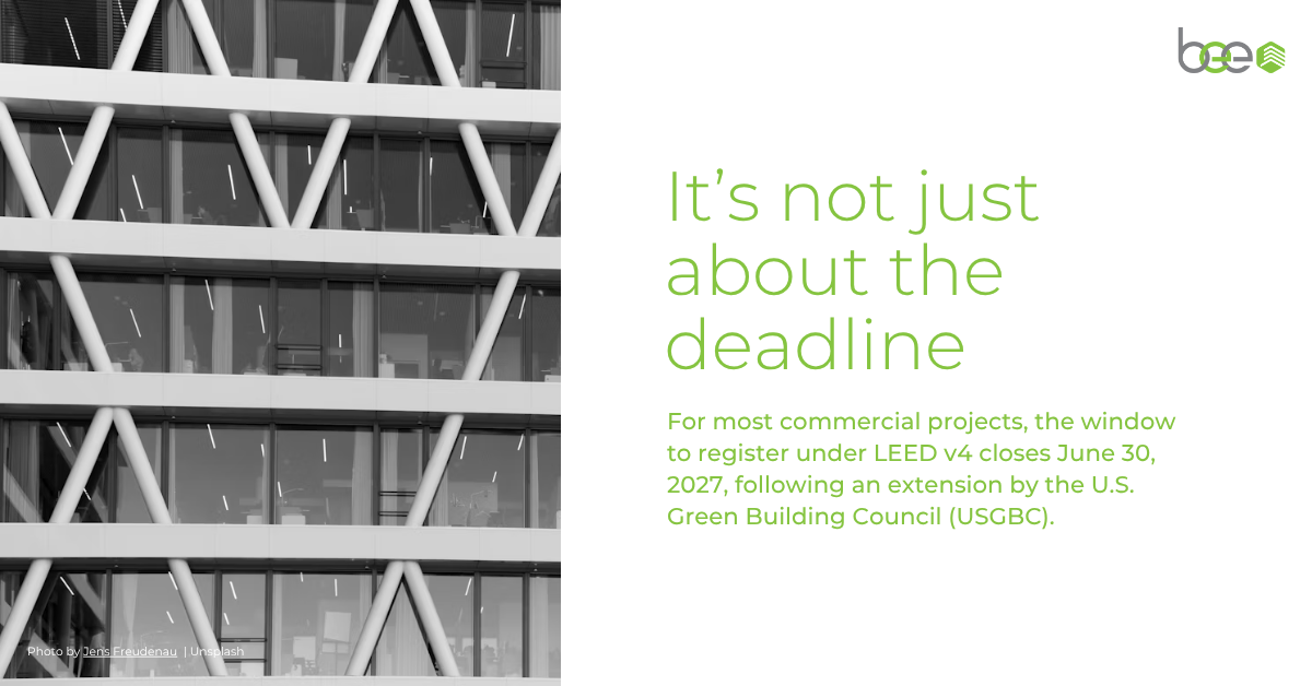 LEED v4 vs v5 Deadline · Commercial Building · BEE Incorporations | Source: Photo by Jens Freudenau on Unsplash Modern commercial building facade with triangular structural grid, paired with LEED v4 vs LEED v5 registration deadline text — BEE Incorporations