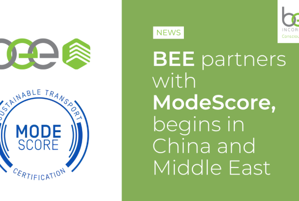 BEE Incorporations and ModeScore logos with the ModeScore sustainable transport certification badge on a green news banner