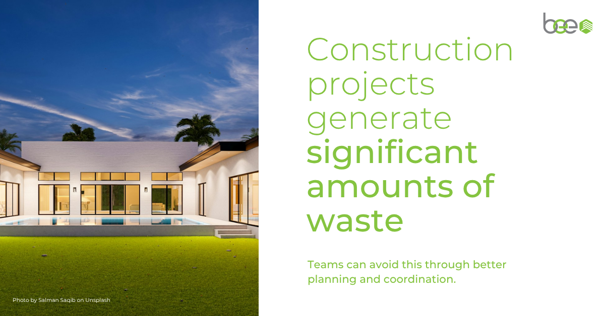 beyond-the-blueprint-construction-waste-pullquote-be In-article graphic with a modern home at dusk and a pull quote on construction projects generating significant waste