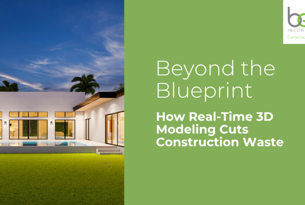 Beyond the Blueprint title header with a modern home at dusk and a real-time 3D modeling construction waste headline