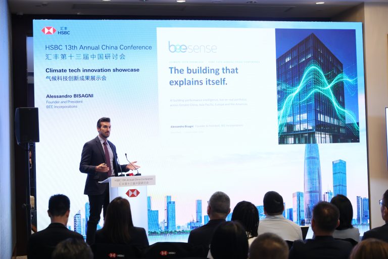 Alessandro Bisagni presenting BEE Sense at the HSBC Climate Tech Innovation Showcase in Shenzhen